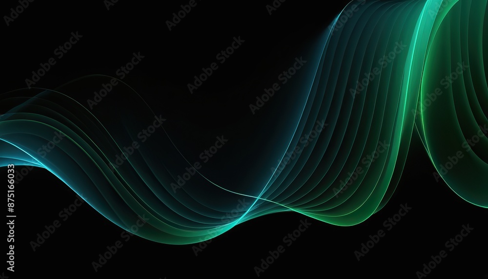 Fototapete design elements with green wavy lines and glowing, glittering lines that move softly. black backdrop