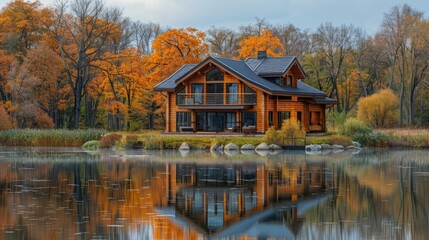 In a peaceful lakeside setting, a rustic wooden house sits amidst a stunning natural landscape, reflecting the serene beauty of rural waterside living.