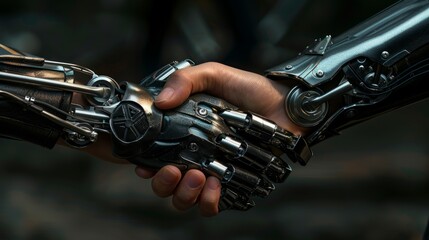 The progression of technology is symbolized by a peaceful handshake between a human and a robot, marking an era of camaraderie and equality with artificial intelligence.