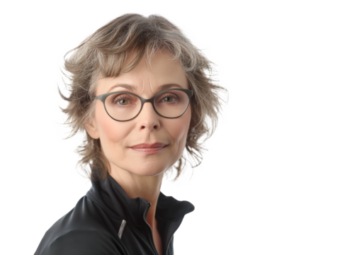 Confident Mature Woman in Black Sports Jacket and Glasses