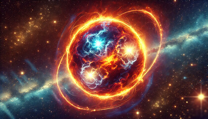 Obraz premium Vibrant cosmic scene glowing fiery sphere intense orange blue colors