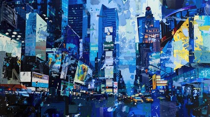 Obraz premium Artistic representation of New York City's Times Square at night using torn paper collage style, created using layers and layering to achieve depth, with vibrant blue tones generated AI