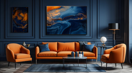 Orange sofa and armchair against dark blue classic wall with marbling poster. Art deco home interior design of modern living room.