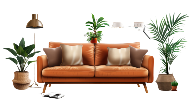 Sofa, plants and lamps on a clean background. The idea of arranging an apartment on a png background.