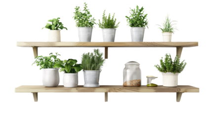 Wall mounted kitchen shelves isolated on transparent background PNG.