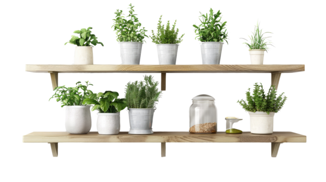 Wall mounted kitchen shelves isolated on transparent background PNG.