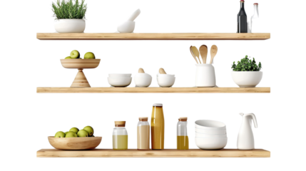 Wall mounted kitchen shelves isolated on transparent background PNG.
