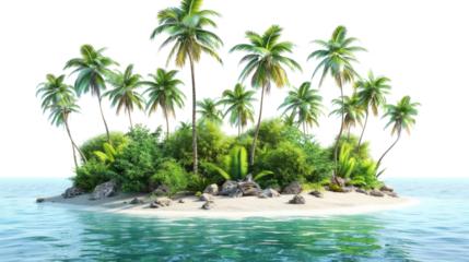 Tropical island with trees summer vacation concept idea Isolated on white background, ai created image.