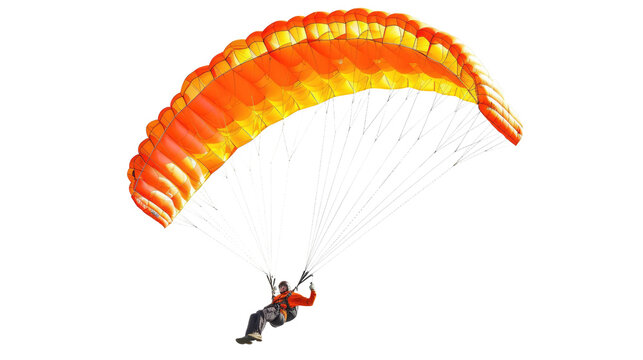 Photograph of people jumping with parachutes on a white background