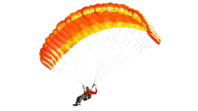 Photograph of people jumping with parachutes on a white background