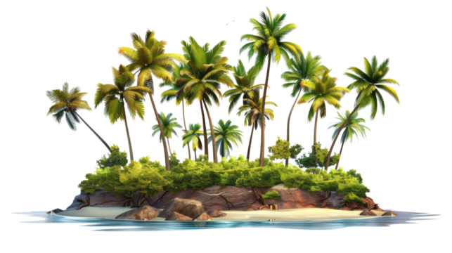 Tropical island with trees summer vacation concept idea Isolated on white background, ai created image.