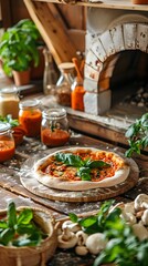 Rustic Pizza Oven with Homemade Marinara Sauce and Fresh Basil in Cozy Kitchen Interior