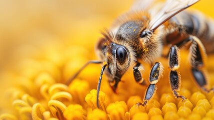 Detailed close-up of a bee collecting nectar from a vibrant yellow flower, showcasing intricate details of the bee's wings, antennae, and pollen-covered body.