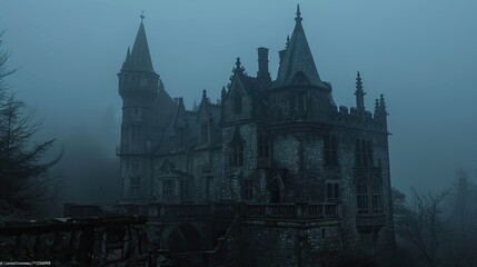 Obraz premium Spooky old gothic castle, foggy night, haunted mansion