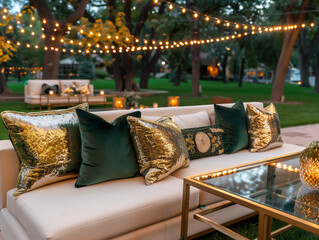  inviting outdoor seating arrangement with a chic white bench, luxurious green and gold sequined pillows