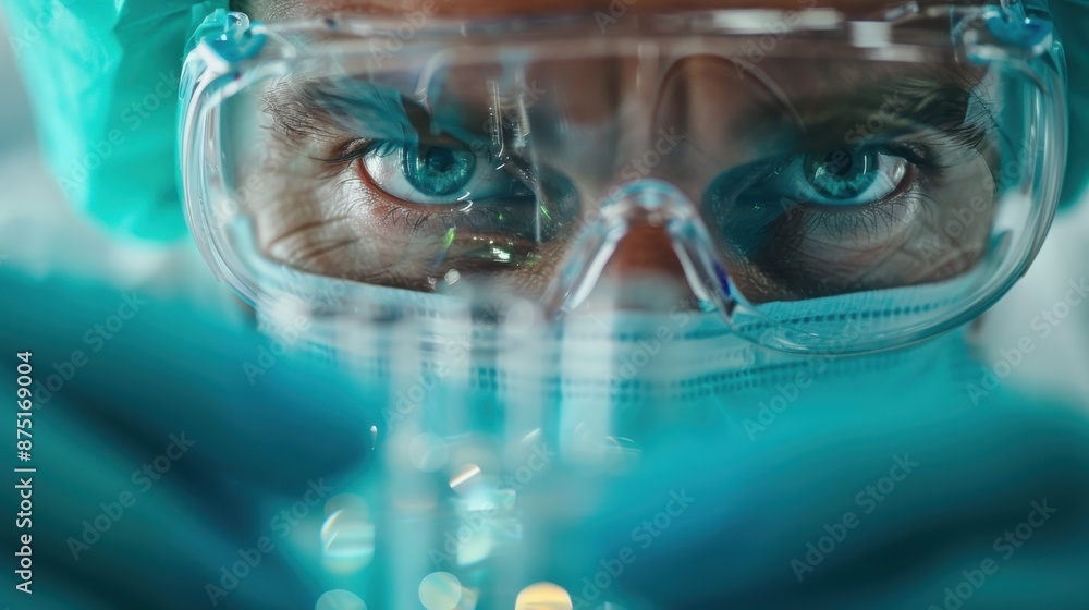 Poster an abstract image with a teal-colored blurred background and partially visible glass items at the si