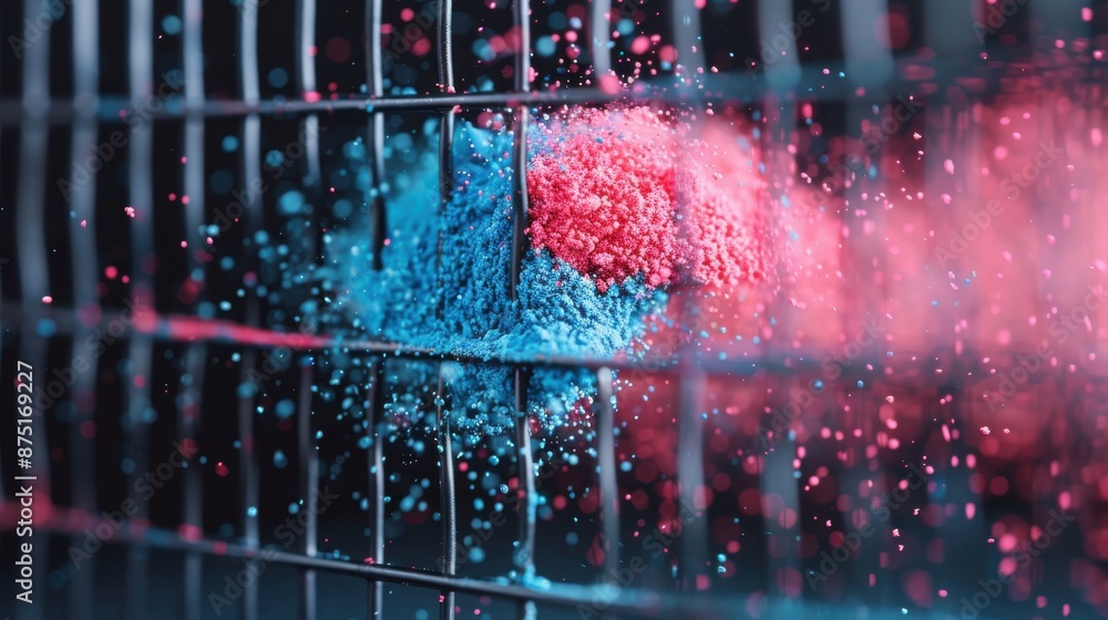 Aufkleber a vibrant splash of blue and red powders colliding against a metal grid background, creating a dynam