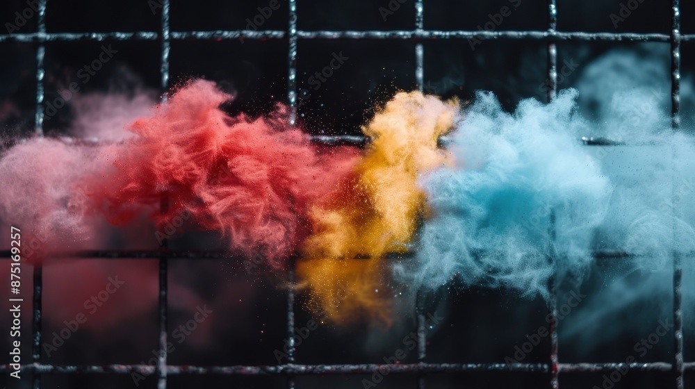 Aufkleber an image showcasing an explosion of colorful powder, primarily red, yellow, and blue, against a dark