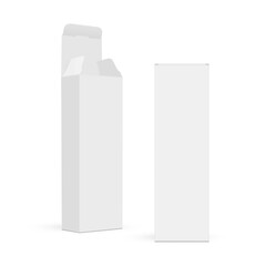 Tall Packaging Box, Opened And Closed Lid, Side View, Isolated On White Background. Vector Illustration