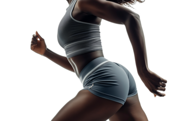 Muscular Female Runner in Grey Sports Bra and Shorts