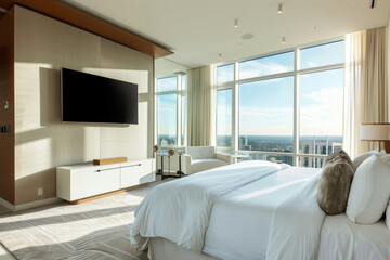 Luxury minimalist hotel room with large bed and day city view