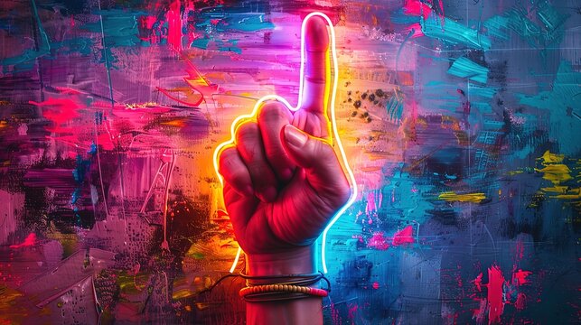 neon light style, Hand expression. hand pointing upwards