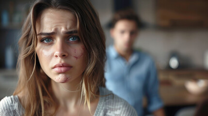 An exhausted, sad woman with a bruises in her face is in a bad relationship with a mean husband, domestic violence concept.