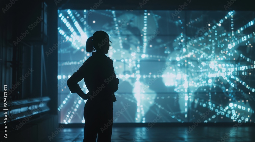 Poster silhouette of a person against a digital world map projection, representing data analysis and global