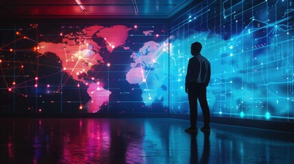 Silhouette of a man standing in a futuristic room with digital world map, representing global technology and data connections. Media Decor