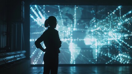 Silhouette of a person against a digital world map projection, representing data analysis and global connectivity in a futuristic setting. Media Decor