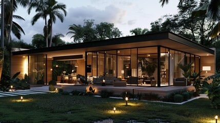 Fototapeta premium Modern Glass House with Outdoor Seating Area Illuminated by Candlelight and Surrounded by Lush Greenery