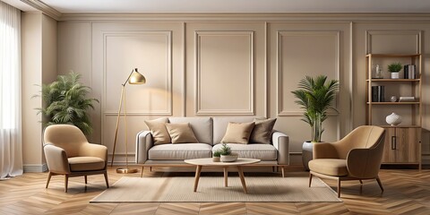 Fototapeta premium Cozy beige room interior with a stylish chair and sofa , room, interior, beige, chair, sofa, cozy, stylish, modern