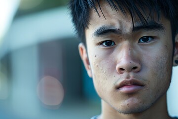 A young man with short black hair and acne-prone skin shows a serious and contemplative expression while standing outdoors, conveying deep thought or concern.