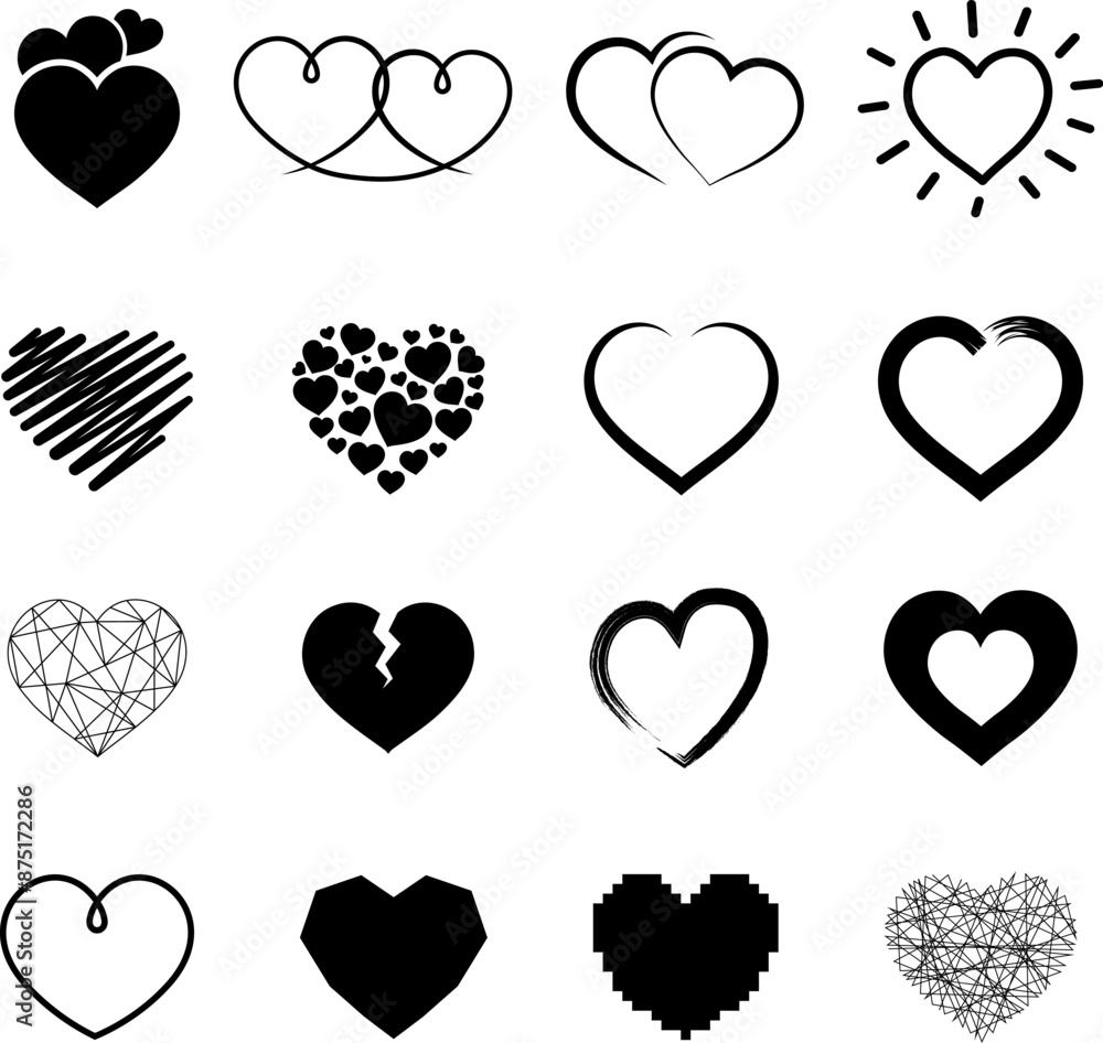 Poster heart icons set. set of vector black hearts icons