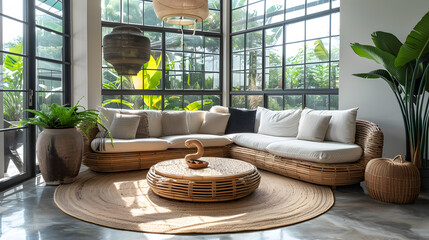 Round accent coffee table near rattan corner sofa against grid windows. Farmhouse country boho interior design of modern living room home.