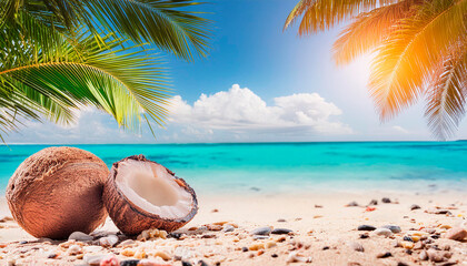 Coconuts and coconuts on a beach with a palm tree in the background. Summer background with tropical beach and palm trees and sea, coral and coconut 