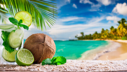 Mojito with lime and coconuts on a beach with a palm tree in the background. Hotel bar menu