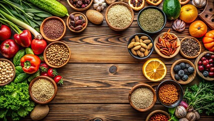 Fresh produce, grains, and nuts arranged beautifully on a wooden tabletop for healthy eating , fresh, produce, grains, nuts