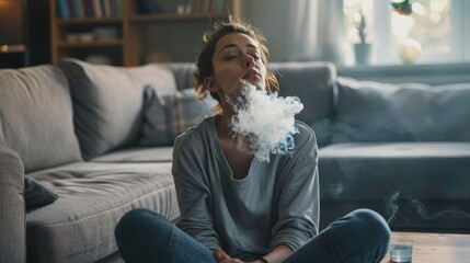 Tranquil Moment - Person Relaxing on Couch Exhaling Smoke from Joint