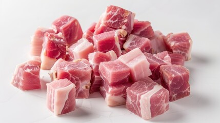 Fototapeta premium A pile of raw pork cubes on a white background, showcasing fresh, marbled, pink meat perfect for cooking and recipes.