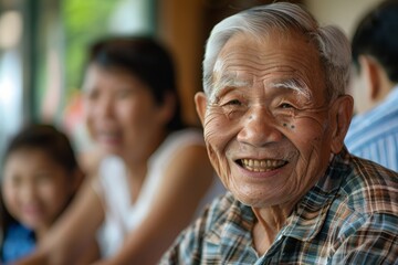 Fototapeta premium An elderly man with gray hair smiles warmly indoors as family members are seen slightly blurred and interacting in the background, capturing a joyful family moment.