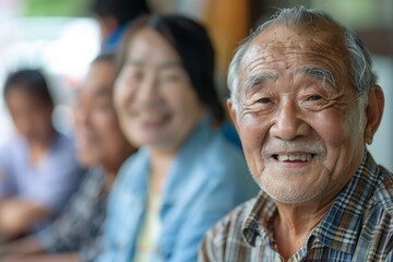 A senior man with gray hair smiles warmly at the camera, with family members blurred and interacting in the background, depicting familial warmth and happiness.
