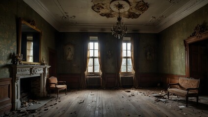 Fototapeta premium The creaking floorboards and faded portraits of an abandoned mansion, a silent witness to bygone extravagance ai_generated