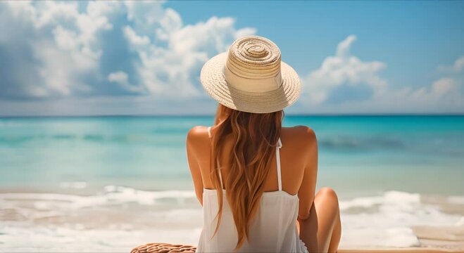 A young woman in a hat is relaxing on the beach during her summer vacation.