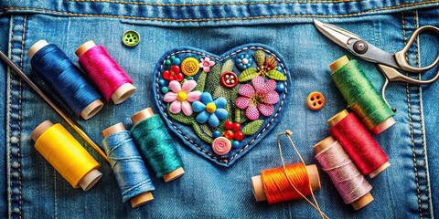 Creative DIY setup for customizing denim jeans with colorful embroidery patches and sewing tools, DIY, customization