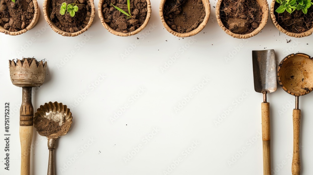 Wall mural flat lay of gardening tools and pots with plants