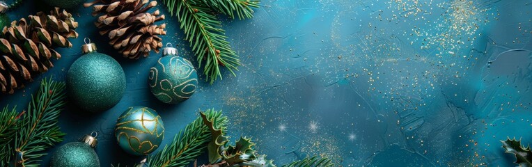 Festive Season: Pine Branches and Blue Ornaments