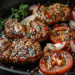 Juicy fried meat with spices, appetizing appearance.