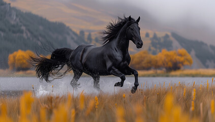 Obraz premium Beautiful friesian horse running around lake surrounded by mountains.
