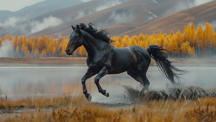 Obraz premium Beautiful friesian horse running around lake surrounded by mountains.